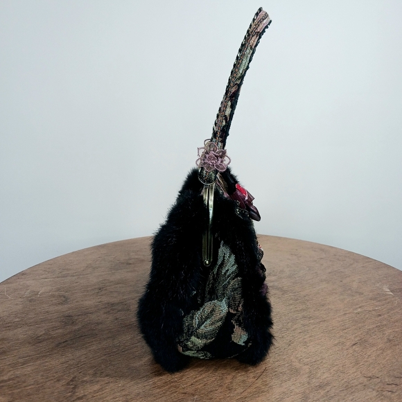 Vintage Nicole Lee Shoulder Bag Tapestry Faux Fur Boho Black - Picture 10 of 15